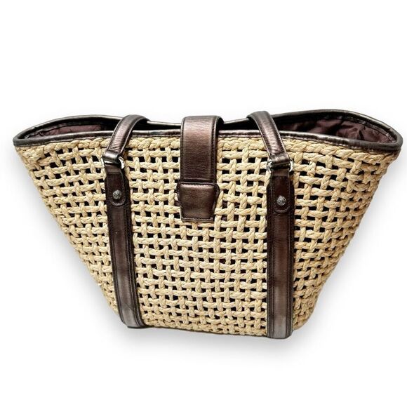 Brighton Natalie Basket Straw Woven Handbag Purse Tote Bronze Brown Leather Trim - Picture 4 of 13